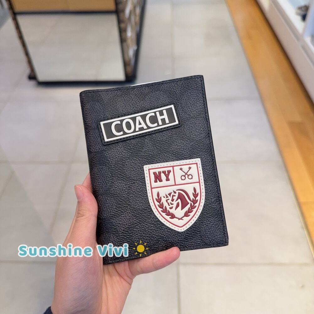 NWT Coach Passport Case Wallet CY902 Signature Canvas Patches Gunmetal/Charcoal